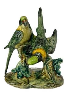 N1 - Vintage Stangl Pottery Birds Ceramic Figurine - Green & Yellow Parrots On Rock Base