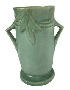 K3 - Roseville Velmos II Vase, Vintage 1935 Green Glaze Ceramic