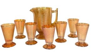 C4 - Vintage Carnival Glass Amber Crackle Pitcher & Footed Tumblers - 9-Piece Set