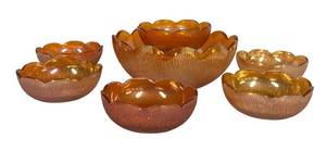 C2 - Imperial Tree Bark Berry Bowl Set - Vintage Amber Glass 6-Piece
