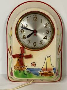 L6 - Hull Vintage Clock - 1930s Ceramic Mantel Clock With Windmill and Sailboat