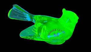 M3 - Moser Glass Bird - Vintage Neon Green Glass Figurine, 3.5 in W x 1 in H
