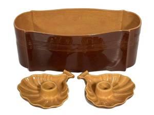 K4 - Roseville Mayfair Brown Planter 1106-10 & Pair of Candle Holders - Vintage 1940s