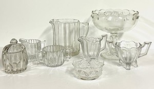 O1 - Vintage Glassware Assortment Fenton Star Pattern Nappy 4.5 in - Jeanette Creamer & Sugar - Jeanette Covered Jar 5 in - 6 in Pitcher - 7.5 in Compote
