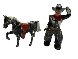 F2 - Barclay Pod Foot Cowboy Figure with Horse - Vintage Metal Toy,