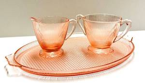 O1 - Homespun by Jeanette Glass Vintage Pink Glass Teacups on Lattice Pattern Tray - 2 Teacups with Tray