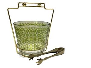 N2 - Ice Bucket - Mid-Century Green Glass with Atomic Starburst Pattern, Tongs Included