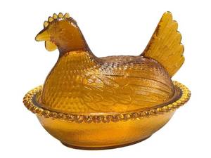 O1 - Vintage Amber Glass Covered Chicken Dish