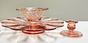 O1 - Vintage Paden City Pink Depression Cake Plate - Jeanette Candy Dish w Three Swirl Feet