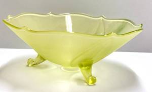 O1 - Vintage Art Deco Glass Footed Bowl - Three Scroll Feet, Fluted Rim