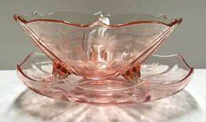 B4 - Vintage Lancaster Glass Jubilee Pink Cracker Plate & Rose Beadless Bowl 8.5in