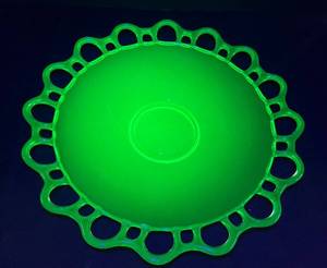 Lancaster Glass Company Vaseline Glass Open Work Sandwich Plate - 1930-1937