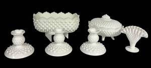 E4 - Fenton Milk Glass Lot - Candy Box, 3 Candle Holders, Fan Vase, Hop Nail Planter