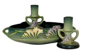 K3 - Vintage Roseville Freesia Console Bowl - Pair of 4.5in Candle Holders