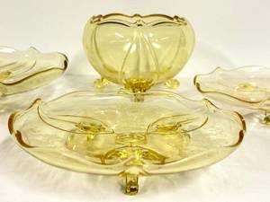 O1 - Vintage Lancaster Glass Topaz Egyptian-Etched Dishes (Lot of 5) Landrum 10in Cake Tray, Rose Bowl, 1930s