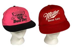 O1 - Bud Dry Pink Cap & Miller High Life Red Cap (Lot of 2)