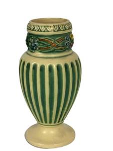 L1 - Ceramic Vase - Green Stripe Body with Vine-Decorated Neck