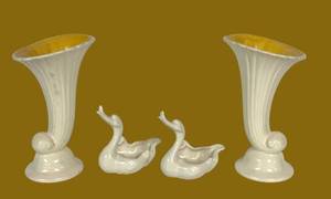 G5 - Red Wing 1938 Vases & Hull Swan Figurines, Vintage Ceramic Set