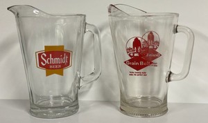O1 - Schmidt Beer Pitcher & Green Belt Beer Pitcher - Vintage Glass Pitchers
