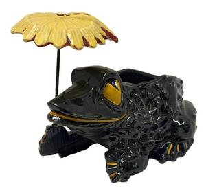M2 - Vintage McCoy Black Frog Planter - 1954 Black Ceramic with Yellow Umbrella