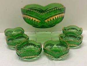 A1 - Antique Heisey Pineapple & Fan Green Glass Serving Bowl Set