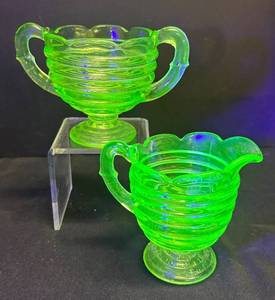 A1 - Vintage Uranium Glass Beehive Ribbed Creamer and Sugar Dish