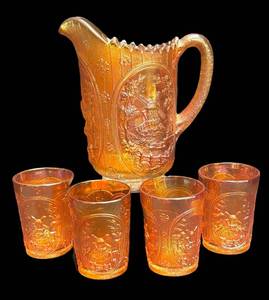 C3 - Vintage Imperial Glass Windmill Medallion Marigold Carnival Glass Water Pitcher and Tumbler Set