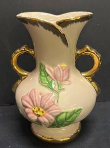 A2 - Hull Pottery Floral Vase - Pink Flower Relief, Green Leaves and Gold Trim