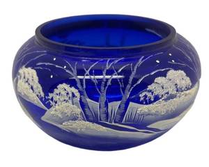 A2 - Fenton Art Winter Scene Hand-Painted Cobalt Blue Glass Bowl