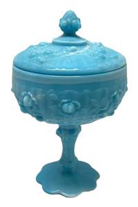 A5 - Fenton Vintage Blue Slag Glass Cabbage Rose Pedestal Compote
