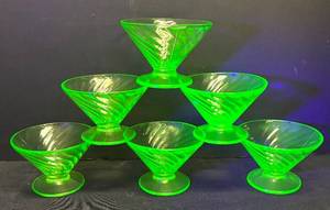 E1 - Six Federal Glass Diana Swirl Uranium Glass Dishes