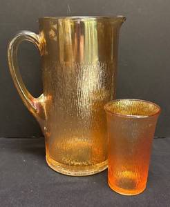 E1 - Imperial Glass Carnival Tree Bark Pitcher & Glass