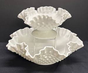E4 - Two Fenton Hobnail Milk Glass Ruffled Bowls