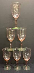 M4 - Pink Depression Glass  Stemware with Green Bases