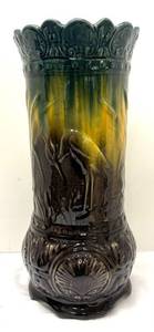 L6 - Roseville Majolica Stork & Cattails Umbrella Stand