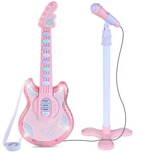 Kids Pretend Play Guitar Musical Instrument Toy w Microphone, Stand - 19in Pink