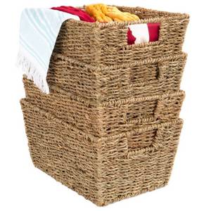 Set of 4 Seagrass Storage Tote Baskets, Laundry Organizer w Insert Handles, Retail $73.99