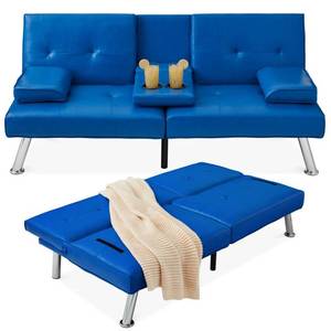 Faux Leather Upholstered Convertible Sofa Bed Futon w 2 Cupholders, Blue, Retail $357.99