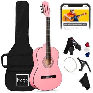 Beginner Acoustic Guitar Set w Case, Strap, Extra Strings - 38in, Pink