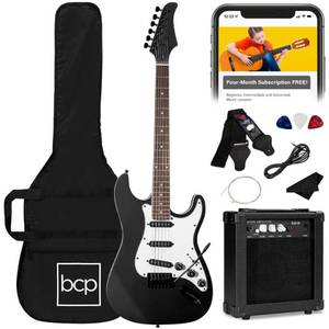 Beginner Electric Guitar Kit w Case, 10W Amp, Tremolo Bar - 39in, Black