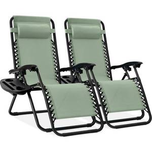 Set of 2 Adjustable Zero Gravity Patio Chair Recliners w Cup Holders, Sage Green
