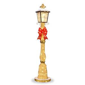 Large Outdoor Christmas Lamppost Decoration, 6ft Tall with Lighted Bow, 100 LEDs - Gold