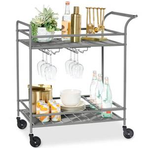 2-Tier Rolling Bar Cart IndoorOutdoor w Shelves, Wine Rack, Locking Wheels
