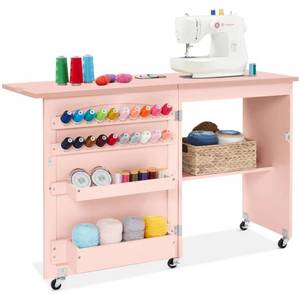 Folding Sewing Table Multipurpose Craft Station & Side Table w Wheels, Pink, Retail $199.99