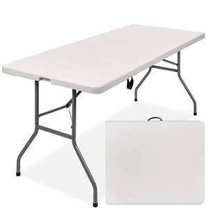 Portable Folding Plastic Dining Table w Handle, Lock - 6ft, White
