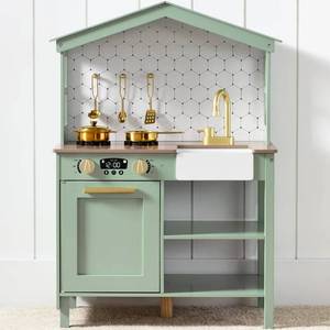 Pretend Play Wooden Farmhouse Kitchen Set w Storage, 5 Accessories