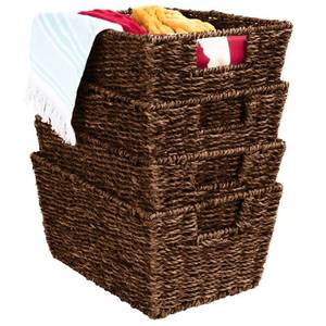 Set of 4 Seagrass Storage Tote Baskets, Laundry Organizer w Insert Handles