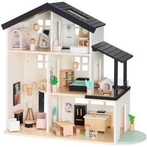 Pretend Play Wooden Doll House w 40 Accessories, Modern Toy Playset