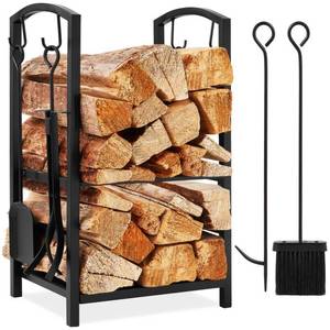 5-Piece Firewood Log Rack Holder Tools Set w Hook, Broom, Shovel, Tongs