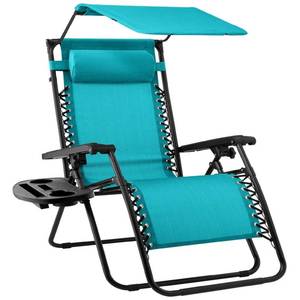 Folding Zero Gravity Recliner Patio Lounge Chair w Canopy, Side Tray, Peacock Blue